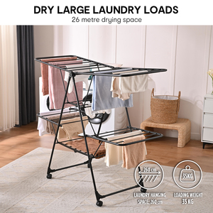 Séchoir <span class=keywords><strong>à</strong></span> <span class=keywords><strong>linge</strong></span> pliable en <span class=keywords><strong>m</strong></span>étal de 26 <span class=keywords><strong>m</strong></span> avec roulettes, gain de place, pour intérieur et extérieur, usage domestique - Product Image 3