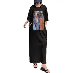 Gran oferta de casuales perezosos de las mujeres Maxi vestido de verano moda patrón de bolsillos Falda larga de mujer gráfico camiseta T Shirt de algodón vestidos