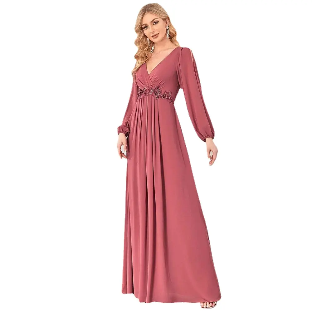 2022 New Women V-Neck A-line Long Sleeve Chiffon Formal Evening Dress 3D Appliques Pink Long Wedding Party Dress