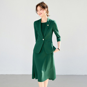 Women's Green Suit <b>Set</b> Three Quarter Sleeve Solid Color <b>Blazer</b> Dress Office Wear Anti Wrinkle Slim Fit - Product Image 1