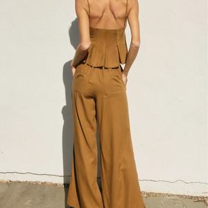 Nuevo Conjunto de Pantalones Anchos de Lino con Bolsillos con Cordón de Alta Calidad, Diseño Personalizado, Traje de 2 Piezas para Mujer - Product Image 3