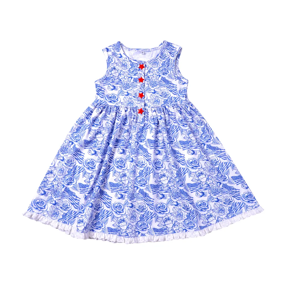 Boutique baby toddler jersey dress pleated skirt girls sleeveless Swing blue and white porcelain embroidered dress