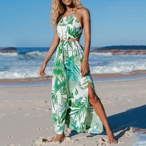 À la mode feuille impression découpe hors épaule Floral plage vacances Maxi longue <span class=keywords><strong>robe</strong></span> femmes plage porter <span class=keywords><strong>robe</strong></span> longue hawaïenne - Product Image 3