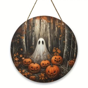 Panneau rond en bois fantôme d'Halloween pour décoration extérieure, plaque « Trick or Treat » en buis - Product Image 2