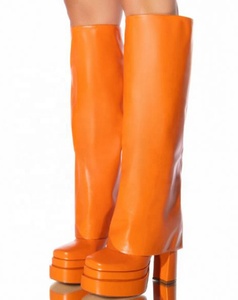 Overlay Wide Leg Fit Shoes Women High Chunky Heel Knee High Platform <b>Boots</b> Fold Over Square Toe on Long Booties - Product Image 3