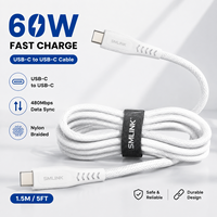 Câble USB C vers C Smilelink SML-C2C60W 60W 3A à charge rapide, USB 2.0, 1,5 m, en nylon tressé, 1 pièce avec emballage