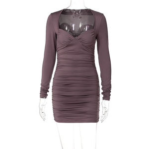 Nouvelle <span class=keywords><strong>robe</strong></span> pour femme, printemps-automne 2023, <span class=keywords><strong>kaki</strong></span>, plissée, col en V, <span class=keywords><strong>robe</strong></span> noire à manches longues, club, <span class=keywords><strong>moulante</strong></span>, mini, sexy - Product Image 5