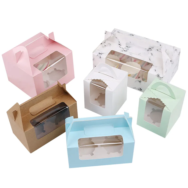 OMT Wholesale Printed Kraft Paper Boites Cupcake Envases Packaging Cake Boxes With Clear Window 2 4 6 Slots Cajas Para Cup cake