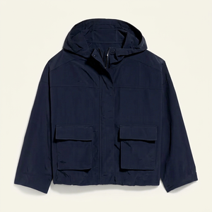 Veste matelassée unisexe bleue unie à capuche, coupe-vent, fermeture éclair, décontractée, pour l'hiver, 100 % polyester, longueur normale, fine - Product Image 1