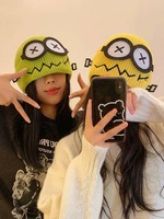 Penutup Telinga Rajut Jacquard Lucu Bahan Spandex/Katun untuk Wanita, Musim Gugur/Dingin, Hangat, Motif Robot Imut Bermata Besar, Kancing Kartun, untuk Luar Ruangan
