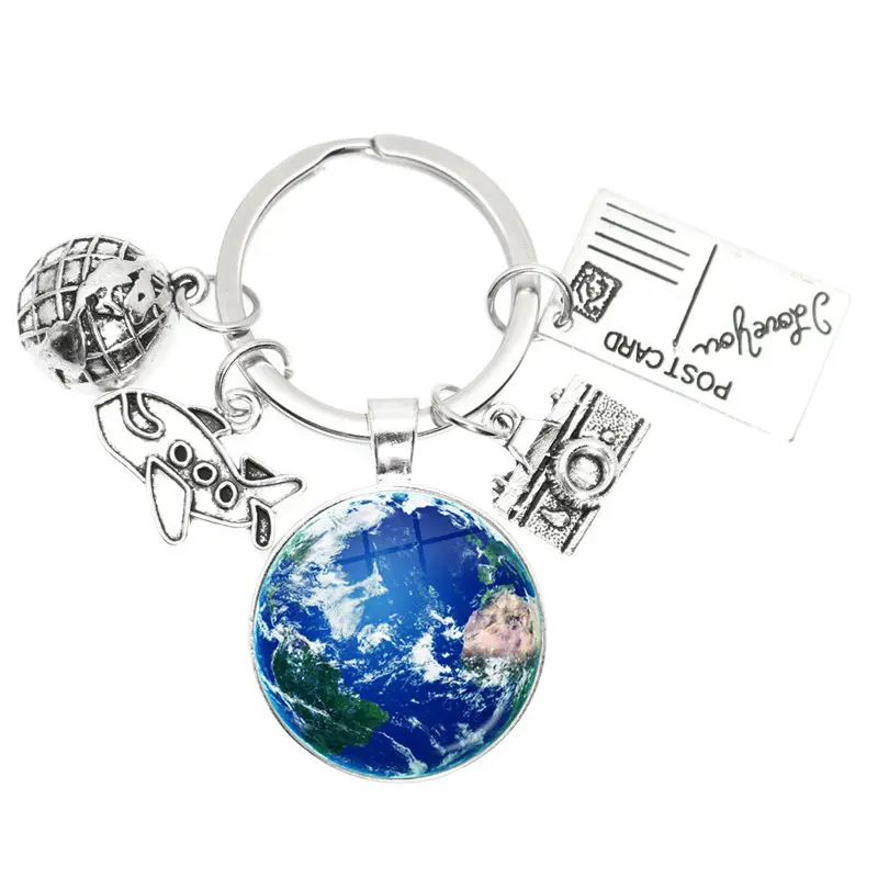 New World Map Keychains Travel Exploring Glass Dome Aircraft Charm Pendant Key Ring for Men Women Keychain Jewelry