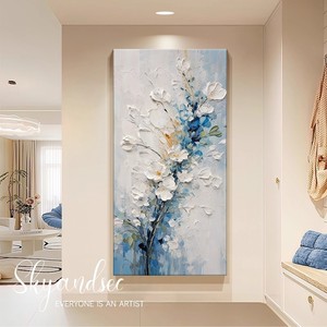 Peinture à l'huile florale peinte à la main, style crème moderne, texture épaisse bleue, art décoratif pour entrée, décoration murale sans cadre - Product Image 1