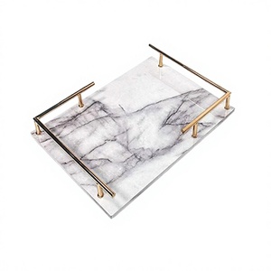 Plateau de service alimentaire en marbre au design simple avec poignées métalliques, taille personnalisée, forme rectangulaire, plateau alimentaire en gros - Product Image 1