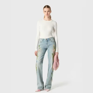 Jean droit décontracté chic et vintage pour <span class=keywords><strong>femme</strong></span>, taille <span class=keywords><strong>mi</strong></span>-haute, avec franges et pompons colorés sur le côté, bleu clair, idéal pour le printemps - Product Image 4