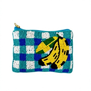 Beaded <b>Coin</b> <b>Purse</b> Handmade Yellow Banana Pattern Blue Checkered Zipper Closure Mini Creative Fruit Design Unisex - Product Image 1
