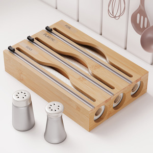 Bamboo Multi Compartment <b>Wrap</b> Cutter Foil Wax Plastic <b>Kitchen</b> Storage Organizer Minimalist Design - Product Image 2