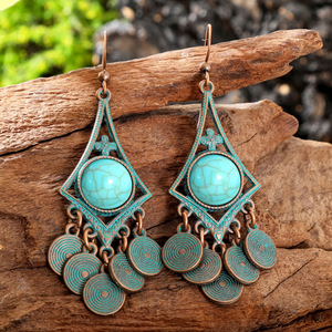Boucles d'oreilles pendantes tendance en alliage plaqué bronze antique avec pierre turquoise, style bohème, bijoux de fête pour femmes - Product Image 3