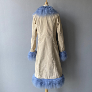 Gabardina larga de piel de oveja auténtica, esponjosa, colores personalizados, Cuello de piel de cordero de Mongolia de lujo, puños, chaqueta de cuero de gamuza auténtica para mujer - Product Image 5