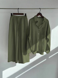 Completo due pezzi da <span class=keywords><strong>donna</strong></span> vintage taglie forti in cotone e <span class=keywords><strong>lino</strong></span>, tinta unita, con bottoni, lunghezza sopra il ginocchio, composto da camicia e <span class=keywords><strong>pantaloni</strong></span> a vita alta larghi 171 - Product Image 6