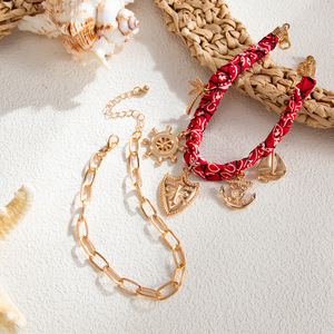 En gros, Ensemble de chevillères superposées plaqué or 18 carats pour femme, avec motifs foulard imprimé, coquillage tressé, tortue, ancre, style nautique, pour l'été et la plage - Product Image 5