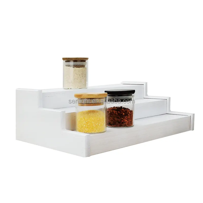 Custom white color 3 Tier Bamboo Display Shelf Spice Rack Kitchen Cabinet Organizer stand for glass spice jar set