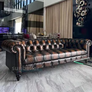 Customized Fancy Couch Luxury 100% Top Grain Leather Distressed Leather Couch 3 Seater Sofa Set Designs Modern Chesterfield Sofa