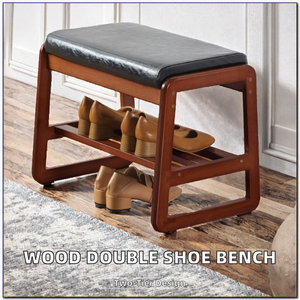 Wooden Double Tier <b>Shoe</b> <b>Storage</b> Bench With Upholstered Seat Minimalist Entryway Stool <b>Space</b> <b>Saving</b> Design - Product Image 2
