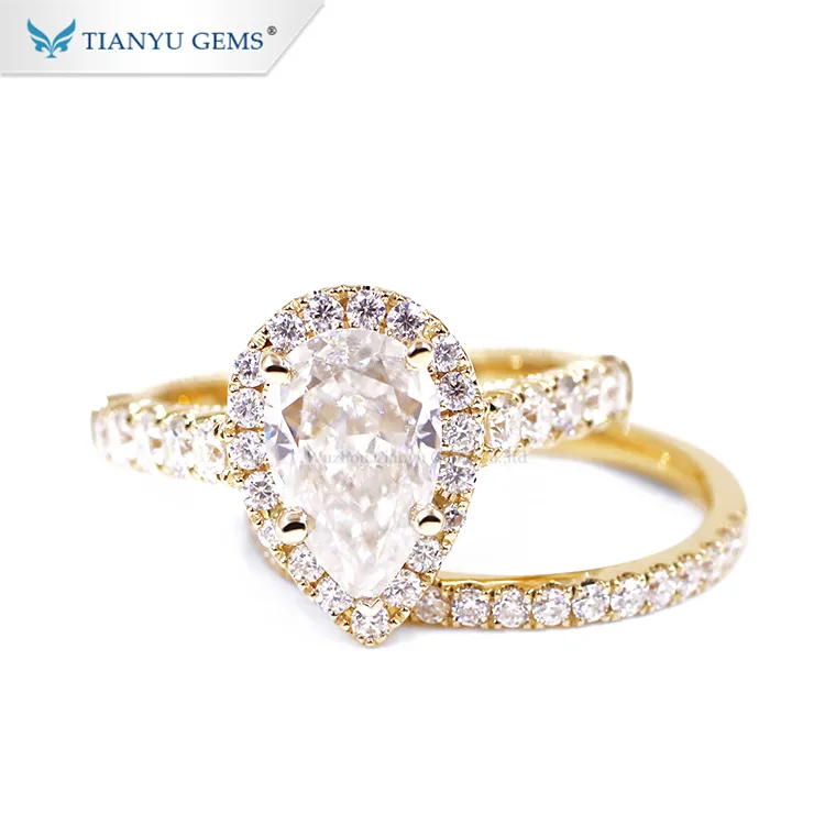 Tianyu gems custom jewelry 14k yellow gold pear shape crushed ice cut moissanite halo engagement wedding ring set