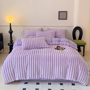 Ensemble de literie en fourrure de lapin épaisse pour l'hiver, quatre pièces, de haute qualité, luxe léger, couleur unie, couvre-lit, drap de lit, en polaire corail, simple - Product Image 4