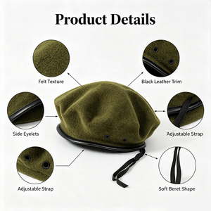 Béret professionnel décontracté en laine pour printemps, automne, hiver, avec bordure en cuir PU et cordon réglable, idéal pour les agents <span class=keywords><strong>de</strong></span> sécurité et les gardes <span class=keywords><strong>de</strong></span> portail, ODM/OEM - Product Image 3