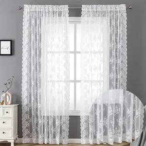 Cortina bordada francesa floral de renda, cortinas de renda pura para sala de estar, branco