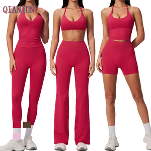 Custom Logo Front Halter Tank Tops High Waist Flare Yoga Pants 6-Piece Fitness Set Quick Dry Outdoor Sports <b>Bra</b> Plus Size - Product Image 1
