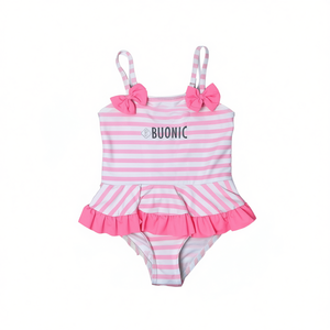 Costume da bagno a righe rosa per ragazze Buonic con volant e fiocchi, costume intero, taglia 6/12 fino a 30/36, per piscina e spiaggia - Product Image 1