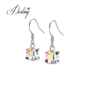 Daisini Sterling Silver 925 Tôn tạo với <span class=keywords><strong>Swarovski</strong></span> tinh thể đầy màu sắc AB đồ trang sức tối giản dangle Drop <span class=keywords><strong>Cube</strong></span> Bông tai - Product Image 2