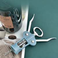 Sacacorchos de acero inoxidable con alas, abridor de vino, cubierta azul pastel, extractor de tapas de botellas de cerveza, sacacorchos de doble palanca con gusano afilado