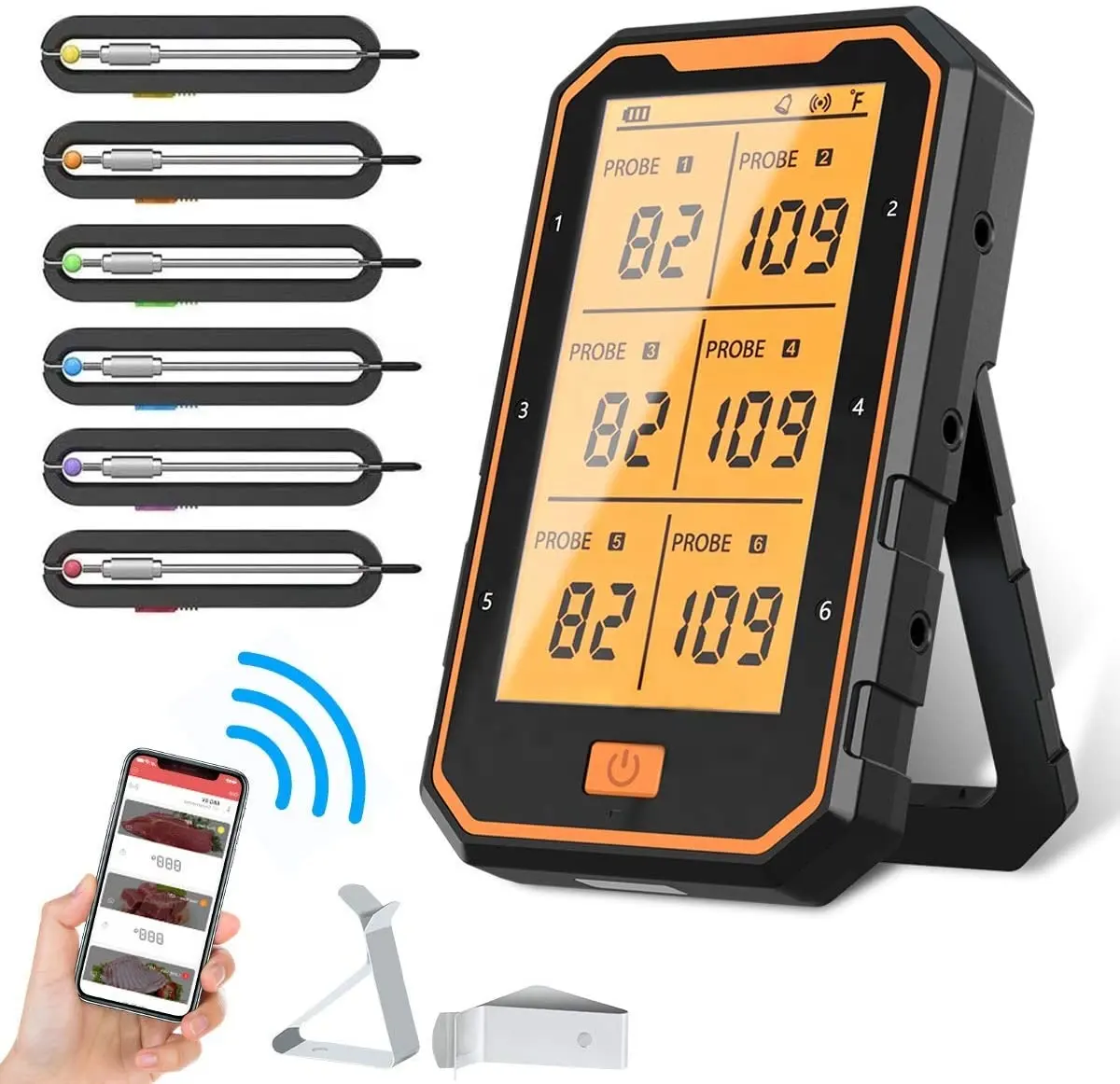 Termometro per carne, termometro per carne Wireless ricaricabile con griglia Bluetooth con 6 sonde supporto iOS e Android