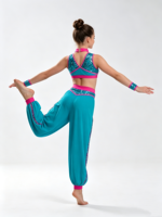 Tenue de danse à paillettes pour filles/femmes, ensemble deux pièces, haut court sans manches, pantalon harem, costume de gymnastique pour compétition sur scène