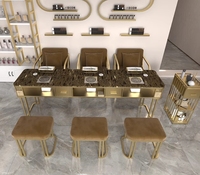 Ensemble de chaises de table de manucure en marbre brun de haute qualité table de luxe moderne double trois places pour les ongles à vendre