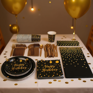 Ensemble de vaisselle jetable noir et or 201 pièces pour fêtes d'anniversaire, nappe en papier recyclé, gobelets, serviettes, fourchettes, couteaux - Product Image 2