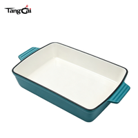 Panci Panggang Persegi Panjang Besi Cor Berlapis Enamel Warna Teal dengan Pegangan Lebar Ganda, Tersedia OEM, untuk Hidangan Keju dan Roti