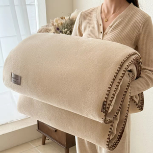 <b>Beige</b> Plush <b>Bed</b> Blanket Solid Color Rectangle Knitted Minimalist Style All-Season Use Folded Design - Product Image 1