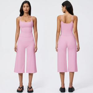 Pink Seamless Spaghetti Strap Square Neck High Waist Culotte <b>Jumpsuit</b> Sleeveless Solid Color Yoga Set - Product Image 1