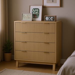 Cómoda Moderna de 4 Cajones, Diseño Acanalado en Madera Natural, Tiradores Dorados, Mueble de Almacenamiento para Dormitorio, Roble Macizo, Independiente - Product Image 2