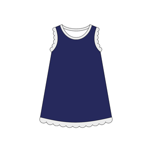 Vestido de verano para niña GSD4056, azul marino, blanco liso con estampado de vieiras, sin mangas, transpirable, hasta la rodilla, venta al por mayor para niños - Product Image 1
