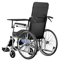 Fauteuil roulant entièrement inclinable avec pneus pleins de 24 pouces et coussin de siège en tissu Oxford, en acier au carbone avec repose-jambes réglable, frein à main, plateau de toilette et table