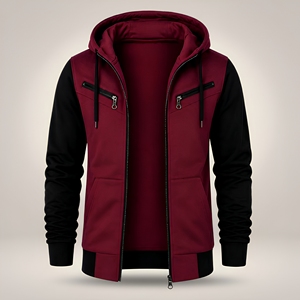 Sweat-shirt à capuche zippé pour homme, couleur bordeaux et noir, coupe classique, décontracté, automne, en molleton French Terry - Product Image 1