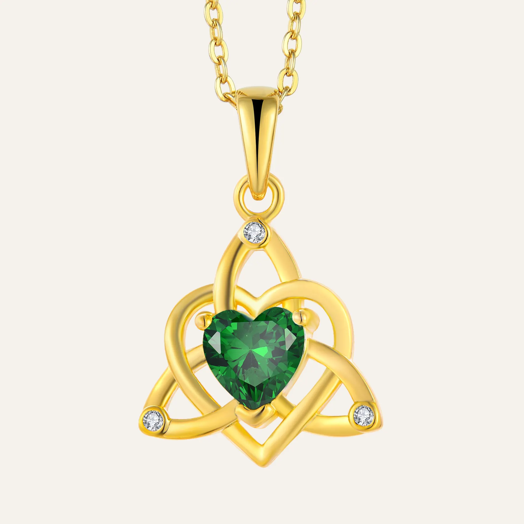 Good Lucky Vintage 18k Gold Plated 925 Sterling Silver Celtic Love Knot Heart Green CZ Necklace For Women Girls