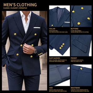 Completo da <span class=keywords><strong>Uomo</strong></span> <span class=keywords><strong>Slim</strong></span> <span class=keywords><strong>Fit</strong></span> Doppiopetto <span class=keywords><strong>Blu</strong></span> Navy di Alta Qualità, 2 Pezzi, per Ufficio e Business Casual - Disponibile all'Ingrosso - Product Image 3