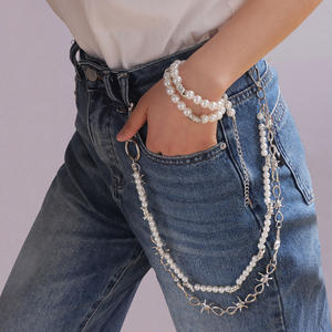 Chaîne de pantalon à double rangée de perles et de pointes pour femme, accessoire de taille avec double anneau - Product Image 2