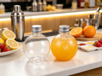 Bouteille ronde sphérique en plastique PET transparent de qualité alimentaire écologique de 150 ml et 200 ml avec couvercle en aluminium pour jus, lait, thé, boissons